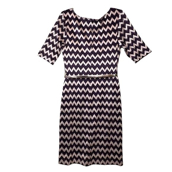 Connected Apparel Dress Womens 10 Black Gold Chevron Metallic Belted A-Line - Picture 3 of 13